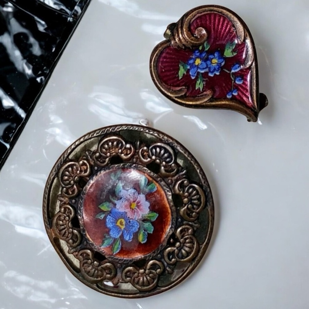 1928 Jewelry Heart and Floral Brooch Pin